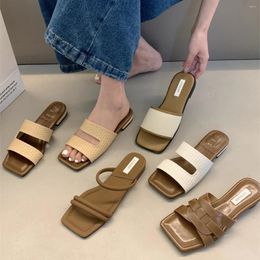 Slippers Bailamos Open Toe Women Shallow Slip On Flat Heels Casual Dress Shoes Weave Design Outdoor Slides Beach Flip Flop Mujer