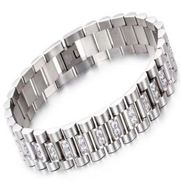 Watch Band Style 15mm Width 316L Stainless Steel Luxury Mens Wristband Link Bracelet with Prong Setting CZ Stones2479