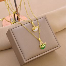 Cute Design White Green Swan Pendant Necklace Gold Plated Stainless Steel Jewellery for Women Gift