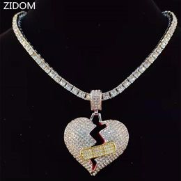 Men Hiphop Broke Heart Pendant Necklace With 5mm Tennis Chain Iced Out Bling Jewellery Male Fashion Gifts Necklaces247P