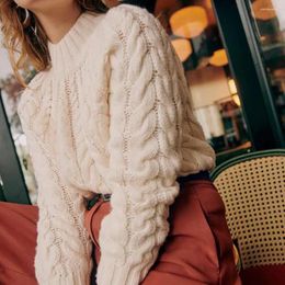 Women's Sweaters Rowling Mirror Solid Cable Cotton Blend Sweater Women Long Sleeves Round Neck Vintage Tops Casual Female