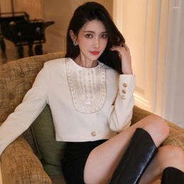 Women's Blouses Small Fragrance Elegant Women Beaded White Short Shirt Tops Mujer 2023 Autumn Vintage Long Sleeve Office OL Blouse Blusas