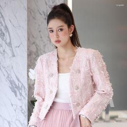 Women's Jackets Women's Pink Color Tassel Patchwork Luxury Glitter Women Short Jacket Full Sleeves Fall Winter Office Work Formal Coat