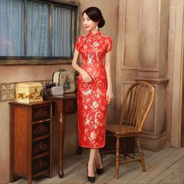 Ethnic Clothing Red Colour Chinese National Long Cheongsam Female Satin Vintage Novelty Costume Socialite Women Short Sleeve Qipao