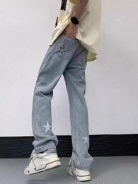 Men's Jeans YIHANKE American Star Pattern Personality Street Fashion Design Sense Style Mid-waist Slim Straight Leg Casual Pants
