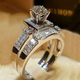 Female Crystal White Round Ring Set Luxury 925 Silver Engagement Ring Vintage Bridal Wedding Rings For Women338b
