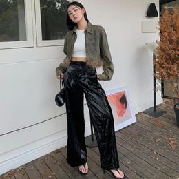 Women's Two Piece Pants Retro Denim Jacket Autumn And Winter Design Sense Polo Neck Ostrich Hair Short Style Wide Slim Top