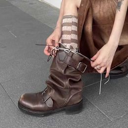 AutumnWinter New Square Headed Thick Heel Belt Buckle Knight Boots Women's Made Old Sleeve Versatile Western Denim