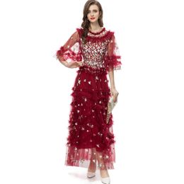 Women's Runway Dresses O Neck Half Sleeves Embroidery Floral Ruffles Mesh Elegant Party Gown Envening Prom Vestidos