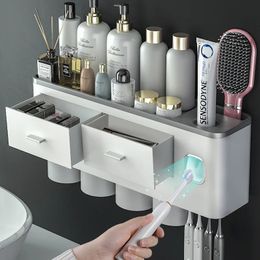 Toothbrush Holders Toothbrush Holders Wall Punch-Free Automatic Toothpaste Squeezer Dispenser Bathroom Storage Makeup Rack Accessory Mouthwash Cup 231025