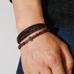 Charm Bracelets Natural Volcanic Stone Stainless Steel Men's Bracelet Tiger Eye Cross Beads Barcelet For Men Jewellery Accessories