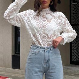Women's Blouses White Jacquard Embroidery Lace Blouse Women 2024 Spring O-neck See-through Hollow Top Pullover Fall Long Sleeve Office Shirt
