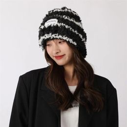 Berets Autumn And Winter Day Striped Woolly Hat For Women Imitation Hair Warm Korean Version Big Head Round Hairy