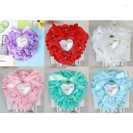Decorative Flowers Wedding Ring Pillow Heart Shaped Box Cushion Bearer With Ribbon For Ceremony Supplies
