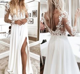 White Chiffon A Line Wedding Dresses For Bride Long Sleeves Floral Lace Appliqued Bohemian Country Bridal Gowns High Split Sexy Bride Reception Robes Simple CL2826