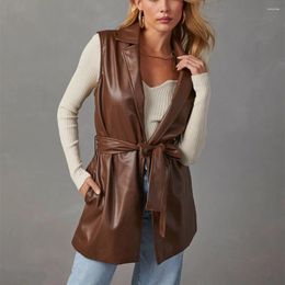 Women's Vests Hirigin PU Leather Blazer Casual Sleeveless Lapel Collar Jacket Solid Color Autumn Outwear With Belt Fashion Streetwear