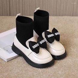 Boots Girls Sock Children Rhinestones Leather With Bow-knot Fashion Kids Princess Black Glossy Shoes 2023