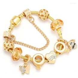 Strand Flowers Bee Gold Color Woman Bracelet Fit DIY S925 Silver Chain Beads Original Jewelry Handmade Accessories Wholesale