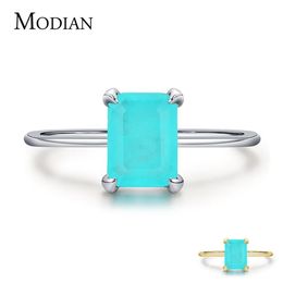 Modian Authentic 925 Sterling Silver Wedding Rings Classic Rectangle Tourmaline Paraiba Female Finger Ring For Women Charm Fine Je2039