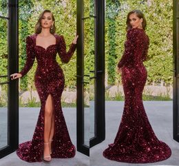 Glitter Burgundy Sequined Mermaid Evening Dresses Arabic Aso Ebi Long Sleeves Formal Occasion Prom Gowns Sweep Train Front Split Sexy Second Reception Dress CL2827