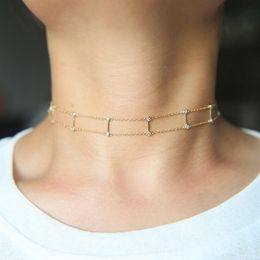 100 925 sterling silver short chain chocker double chain link bar 18k gold plated elegant choker necklace296D