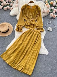 Work Dresses Spring Autumn Women Draped Two Piece Set Vintage V-Neck Ruffle Flare Long Sleeve Tops High Waist Pleated Skirts Suit 2023