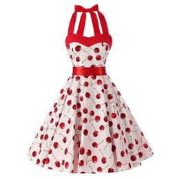 Casual Dresses Women Red Cherry Party Dress Vintage 50s Rockabilly Hepburn 2021 Elegant Summer Strapless Swing Retro Halter Pin Up248y