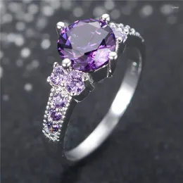 Wedding Rings Classic Purple Pink Blue Stone Round Bands Silver Colour White Zircon Promise Engagement For Women Birthday Jewellery