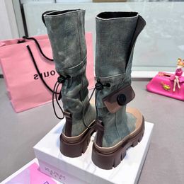 Korean version of knee length boots, women's denim, washed shell head, thick bottomed work boots, fashionable, slim and chivalrous boot trend 231026