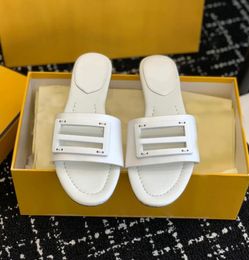 Woman F- slide flats sandal Baguette Slippers Flat Mules Leather Embellished Fashion solid shoes outdoor beach flip flop luxury brand designer with box 35-43