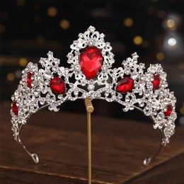 Baroque Luxury Silver Color Red Green Crystal Bridal Tiaras Crowns Pageant Diadem Headband Wedding Hair Accessories 210701253h