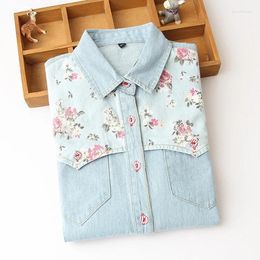 Women's Blouses Sweet Rose Blossom Shirt Fragmented Flower Print Cotton Denim Shirts