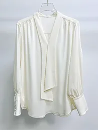 Women's Blouses Silk Ribbon V-Neck Shirt 2023 Ladies Elegant Top French Long-Sleeved White Blouse