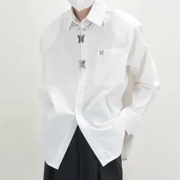 Men's Casual Shirts Shirt Pad Shoulder Long Sleeves Buttons Metal Butterfly Lock Turndown Collar Single-breasted Pocket Tops