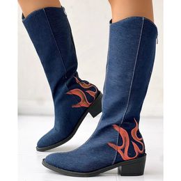 Boots Trendy Vintage Western Women Blue Denim Chunky Heels Zip Cowboy Round Toe Casual Comfy Mid Calf Cowgirl Shoes Woman 231025