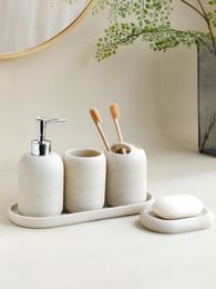Bath Accessory Set 5Pcs Athroom Accessories Lotion Dispenser Toothbrush Holder Tray Tumbler Cup Soap Dish Beige And Grey