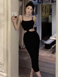 Casual Dresses Sexy Strap Slim Women Dress Vintage Hollow Out Evening Party Chain Belt Lady Clothing Fashion Female Tie High Slip One Pieces