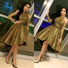 2023 Gold Sequins Evening Dresses Long Sleeves Neck High Low A Line Sash Custom Made Formal Ocn Wear Arabic Prom Gown Vestidos 403 403