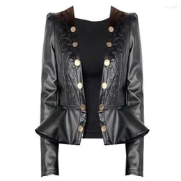 Women's Jackets Women's PU Leather Coat For Women Spring And Autumn Slim Design Double-breasted Short Black With Ruffles