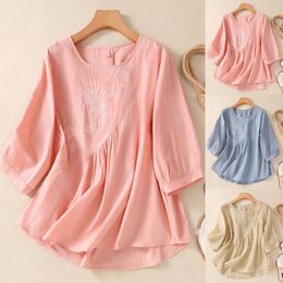 Women's Blouses Embroidery Plus Size Swing Shirts Cotton Line Tops Autumn Half Sleeve Tunic Blouse Loose Casual Korean Pullover Blusa Y