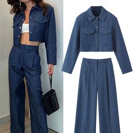 Women s Two Piece Pants TRAFZA 2023 Autumn Elegant Woman Front Pleats High Waist Pants Female Long Sleeve With Flap Pockets Cropped Coat 2 Set 231025