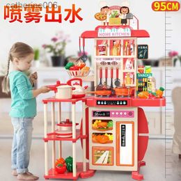 Kitchens Play Food 95cm Large Kids Play House Kitchen Set Spray Kitchen Girl Baby Mini Food Cooking Simulation Dining Christmas Gifts Table ToysL231026