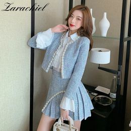 Two Piece Dress Autumn Winter Beading Blue Tweed 3 Piece Set Women Pearls Short Jacket CoatRuffles White Chiffon ShirtMini Pleated Skirt Suit 231026