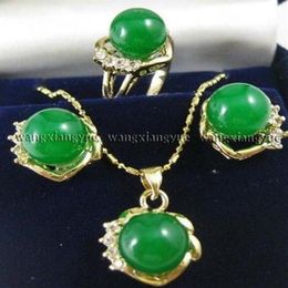 10mm Green Jades Earrings Ring & Necklace Pendant Set plated watch whole Quartz stone CZ crystal232n