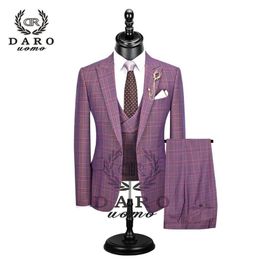 DARO New Men Suit 3 Pieces Fashion Plaid Suit Slim Fit blue purple Wedding Dress Suits Blazer Pant and Vest 200922259t