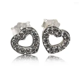 Stud Earrings Pave Openwork Heart Earring For Women Authentic S925 Sterling Silver Jewelry Lady Girl Birthday Gift