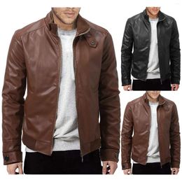 Men's Jackets Autumn And Winter Stand Collar Leather Jacket Zip Faux Long Sleeve Anorak Men Work Coat