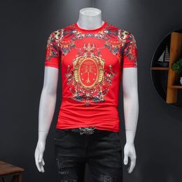 2023 summer cotton men's tops short-sleeved printed t-shirts trend embroidery palace retro flowers slim cotton red bottoming 304L