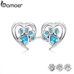 Stud bamoer Blue Crystal Paw Earrings for Girl Heart Shape CZ Footprint Ear Studs Jewellery Women Original Design Bijoux SCE654 YQ231026