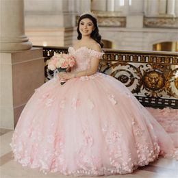 Beautiful Pink Quinceanera Dresses 2024 Vestio Xv Vestidos 15 Quinceaner Debutante Florals Beaded Off Shoulder Lace Up Birthday Gown Bow Vestido De 15 Anos Para